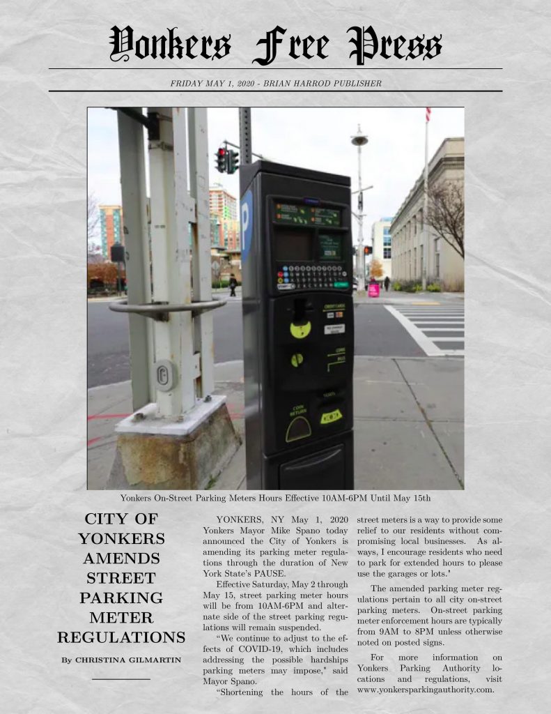 City Of Yonkers Amends Street Parking Meter Regulations Yonkers Free